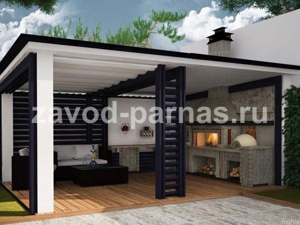 Открытая беседка для дачи с плоской крышей и барбекю-комплексом с дымоходом
